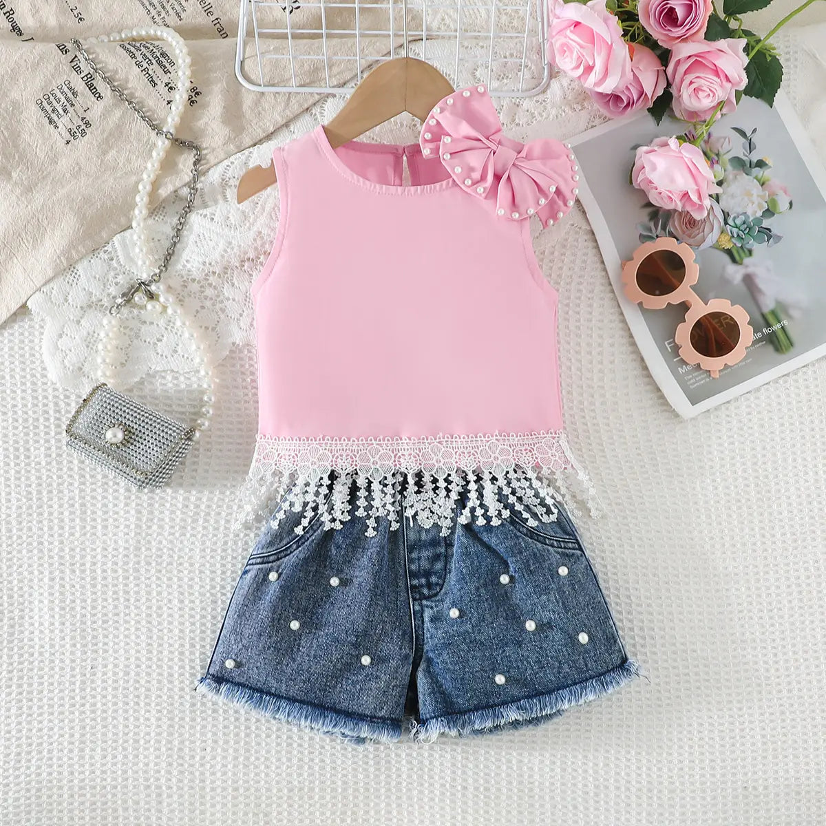 Girls Pink Pearl Bow Lace Top With Denim Shorts Sets Sets Pink 2-3 Y