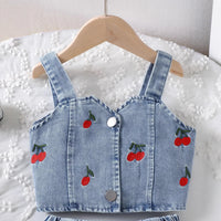 Girls Blue Cherry Embroidered Sleeveless Denim Crop Top with Pleated Skirt Sets 2 pc. Sets