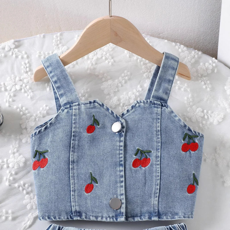 Girls Blue Cherry Embroidered Sleeveless Denim Crop Top with Pleated Skirt Sets 2 pc. Sets
