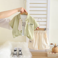 Boys Green Dinosaur Appliqued Shirt With T-Shirt Neck Tie And Shorts Set Sets Green 1-2 Y
