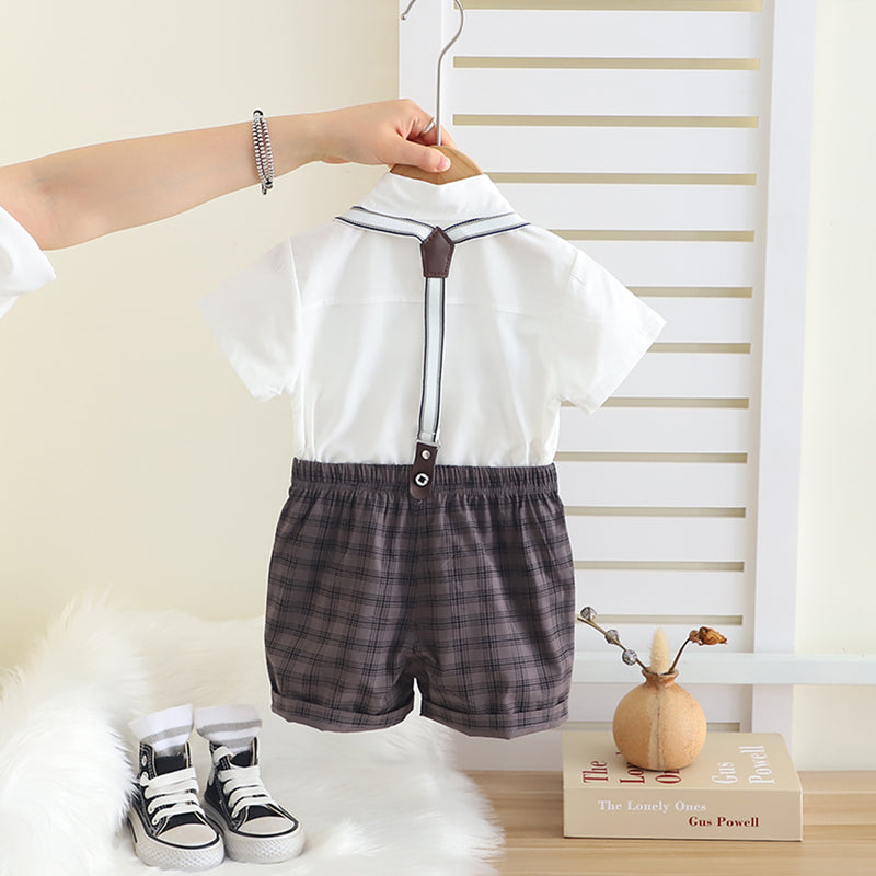 Boys White Printed Short Sleeves Shirt With Checked Suspenders Shorts Set Sets