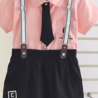 Boys Pink Short Sleeves Shirt With Neck tie And Suspenders Shorts Set Sets