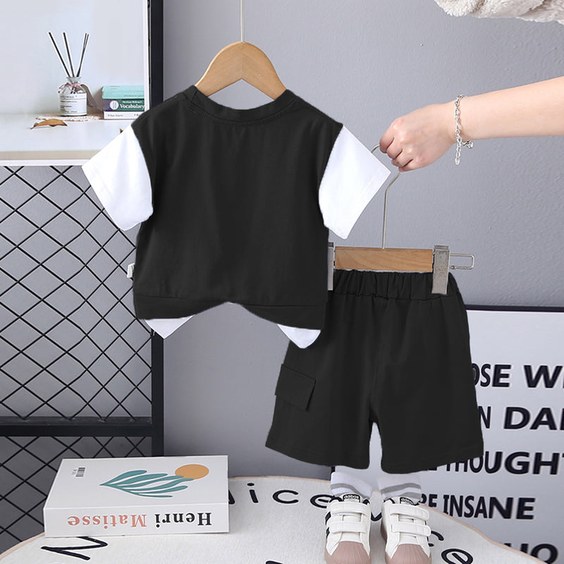 Boys Black Colorblocked Typographic Printed T-Shirt With Shorts Set 2 pc. Sets