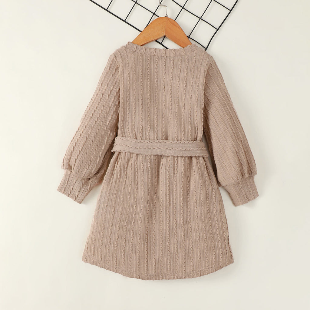 Girls Light Brown Textured Full Sleeves Dress with Matching Belt Casual Dresses