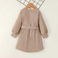 Girls Light Brown Textured Full Sleeves Dress with Matching Belt Casual Dresses