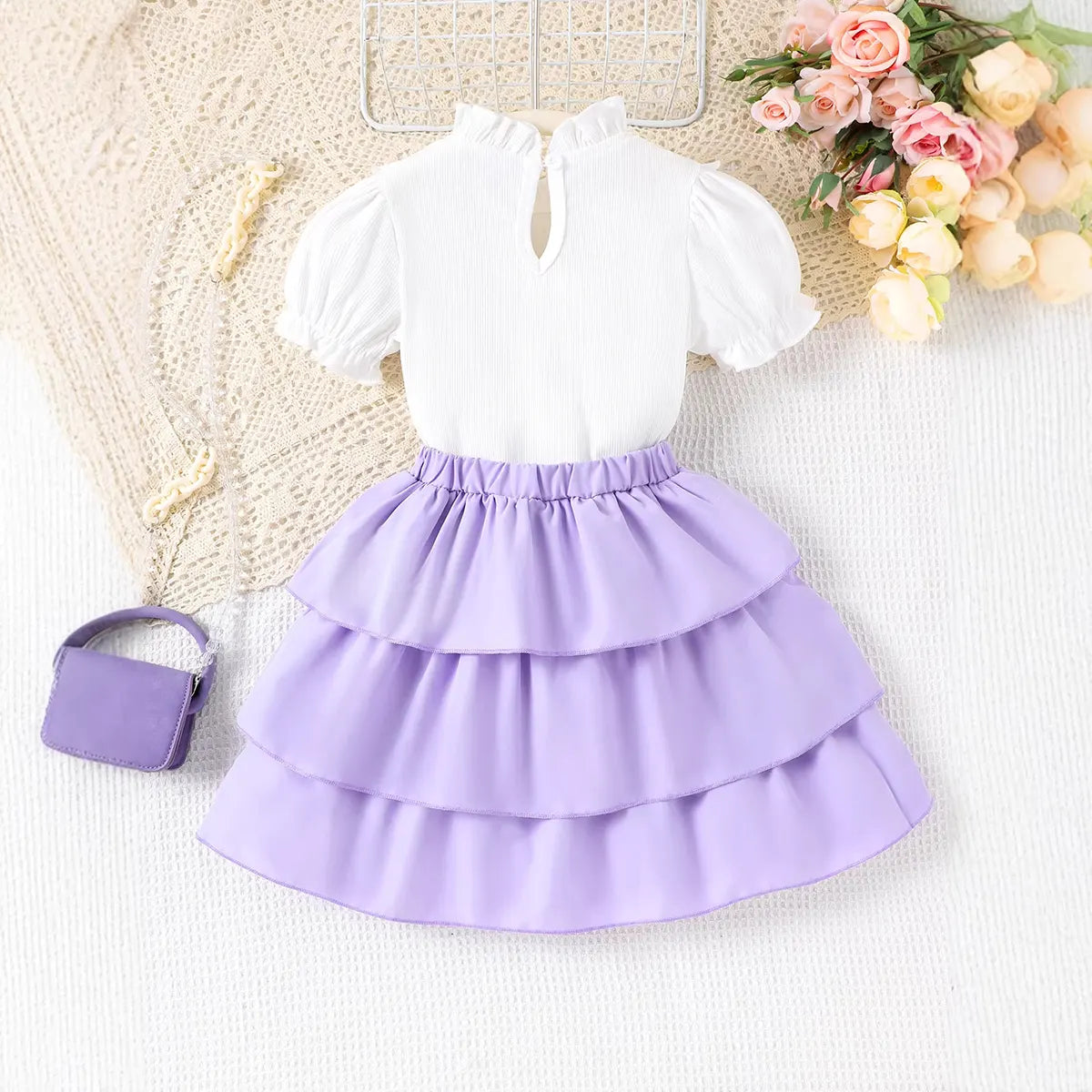 Girls White Textured Short Sleeve Top With Skirt Sets 2 pc. Sets