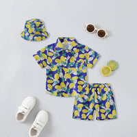 Boys Yellow Pineapple Print Button-Down Shirt With Shorts & Hat Co-ord Sets Sets Yellow 2-3 Y