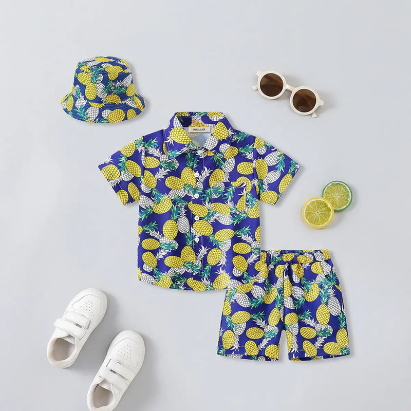 Boys Yellow Pineapple Print Button-Down Shirt With Shorts & Hat Co-ord Sets Sets Yellow 2-3 Y