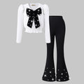 Girls White Bow Applique V-Neck Top With Flared Pants Set 2 pc. Sets White 7-8 Y