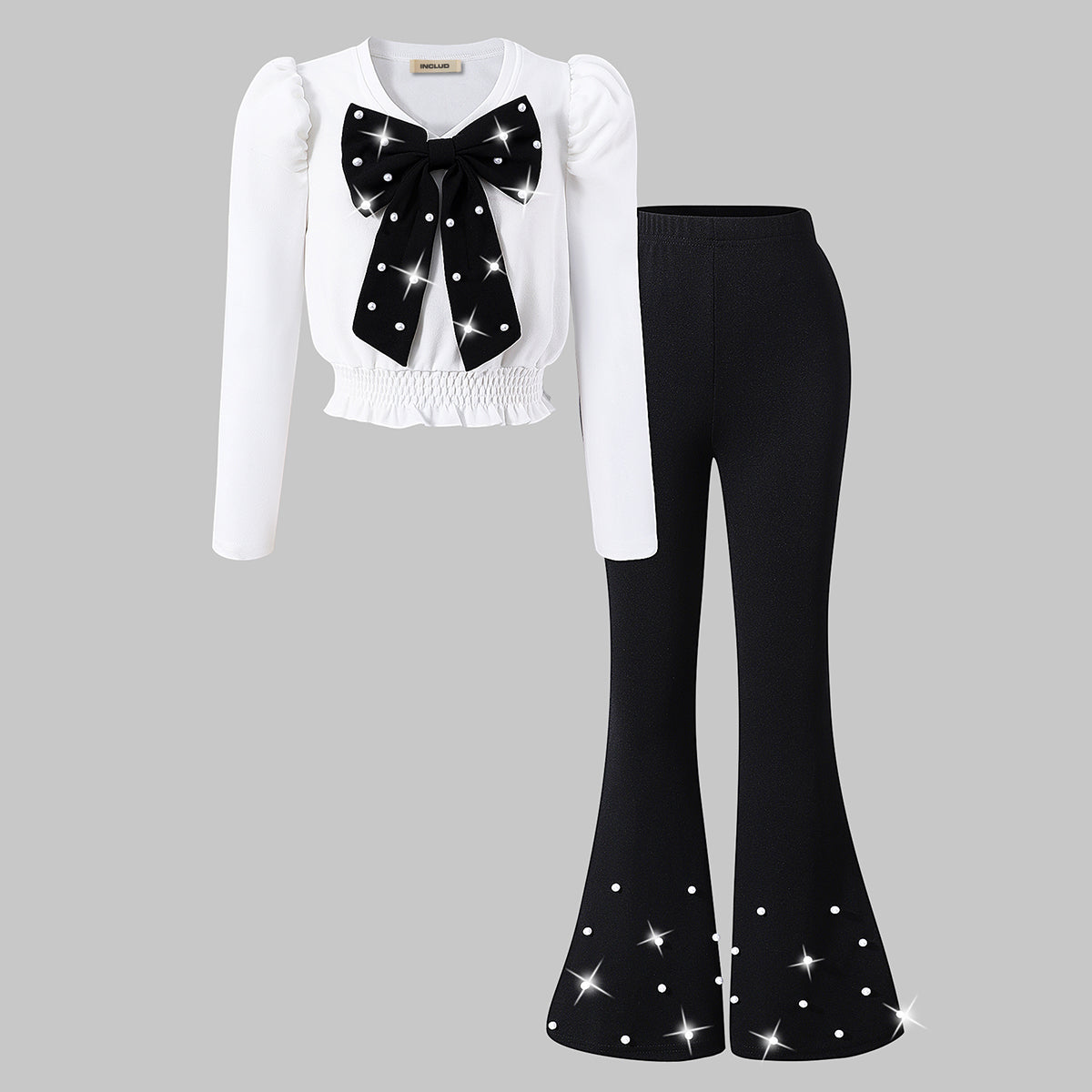 Girls White Bow Applique V-Neck Top With Flared Pants Set 2 pc. Sets White 7-8 Y