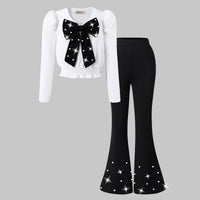 Girls White Bow Applique V-Neck Top With Flared Pants Set 2 pc. Sets White 7-8 Y