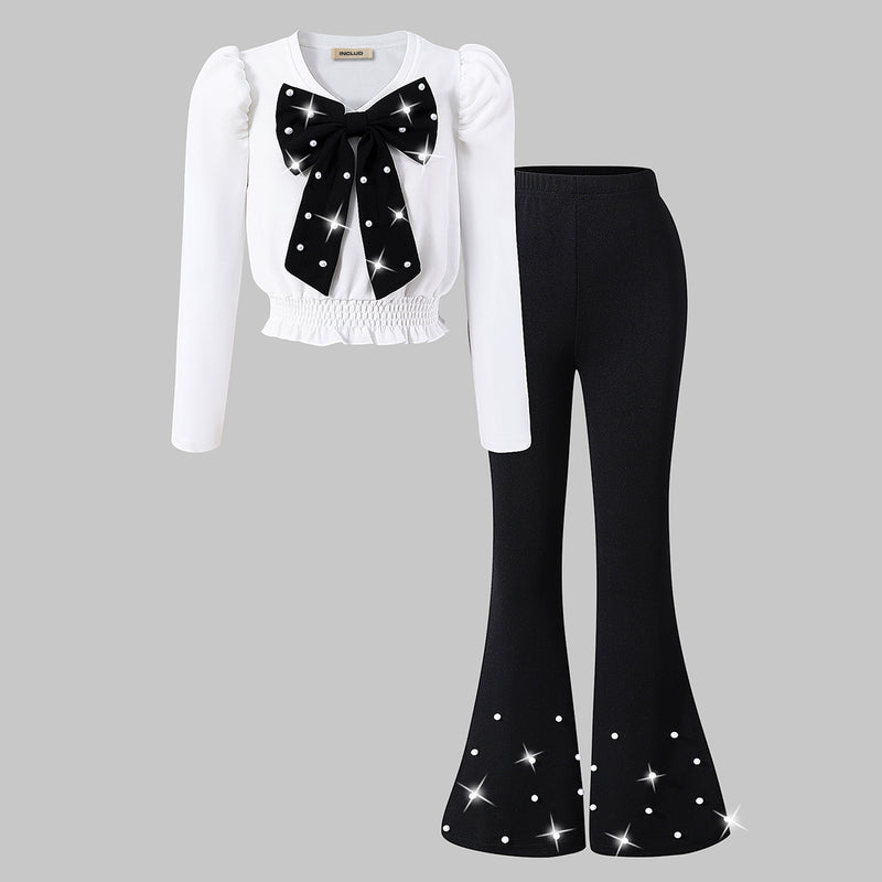 Girls White Bow Applique V-Neck Top With Flared Pants Set 2 pc. Sets White 7-8 Y