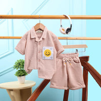 Boys Beige Smiley Printed Short Sleeve Shirt With Elasticated Shorts Sets 2 pc. Sets Beige 0-3 M