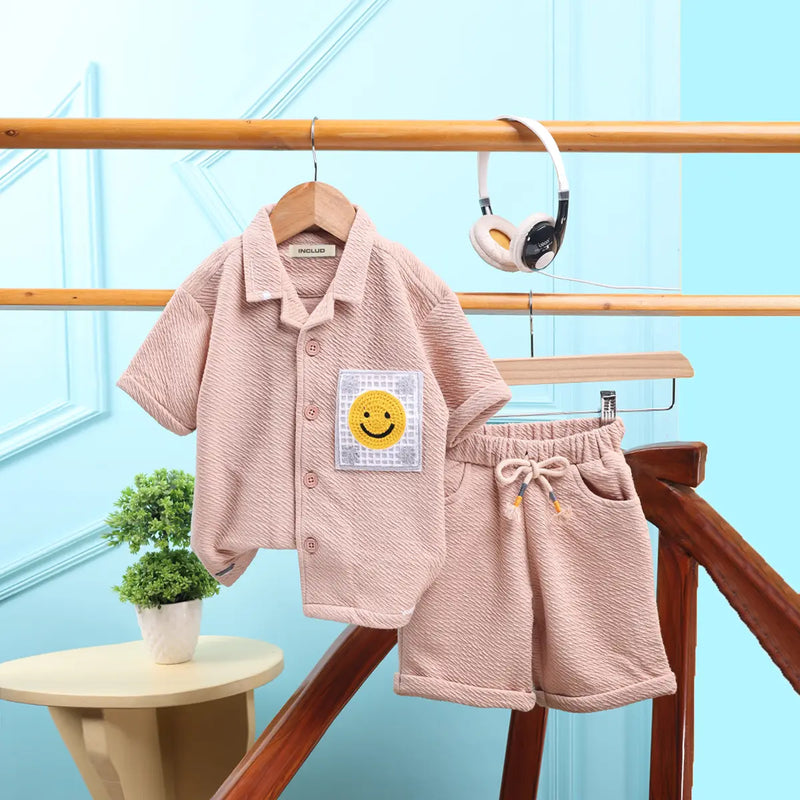 Boys Beige Smiley Printed Short Sleeve Shirt With Elasticated Shorts Sets 2 pc. Sets Beige 0-3 M