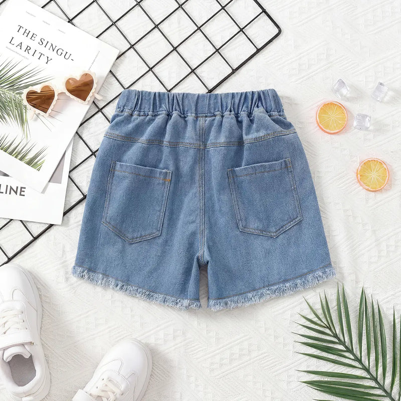Girls Blue Embroidered Denim Shorts Shorts
