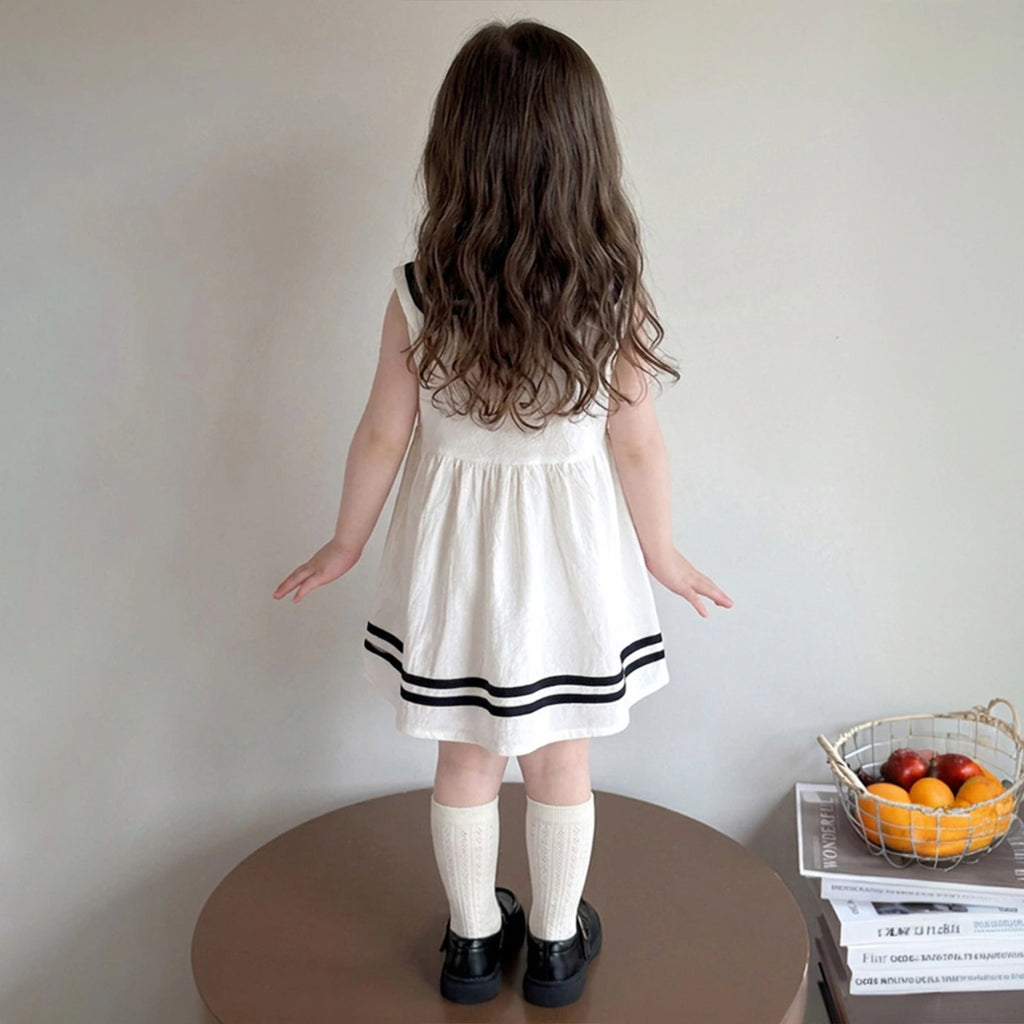 Girls White Sailor Collar Sleeveless Fit & Flare Dress with Contrast Striped Casual Dresses