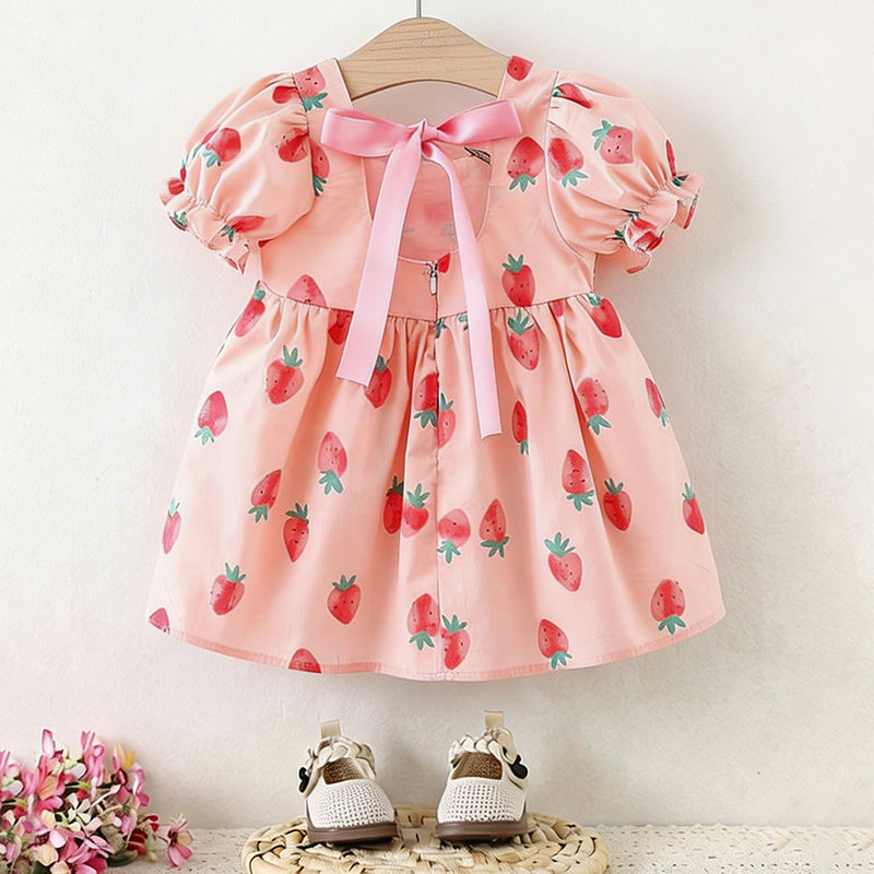 Girls Pink Strawberry Printed Square Neck Fit & Flare Dress Casual Dresses