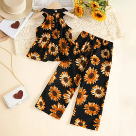 Girls Black Floral Halter Top With Pants Co-ord Sets Sets