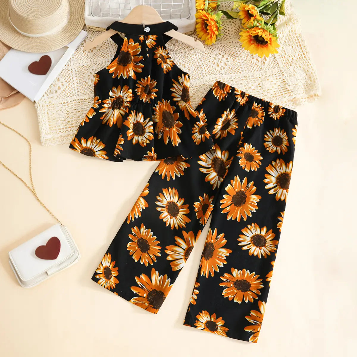 Girls Black Floral Halter Top With Pants Co-ord Sets Sets