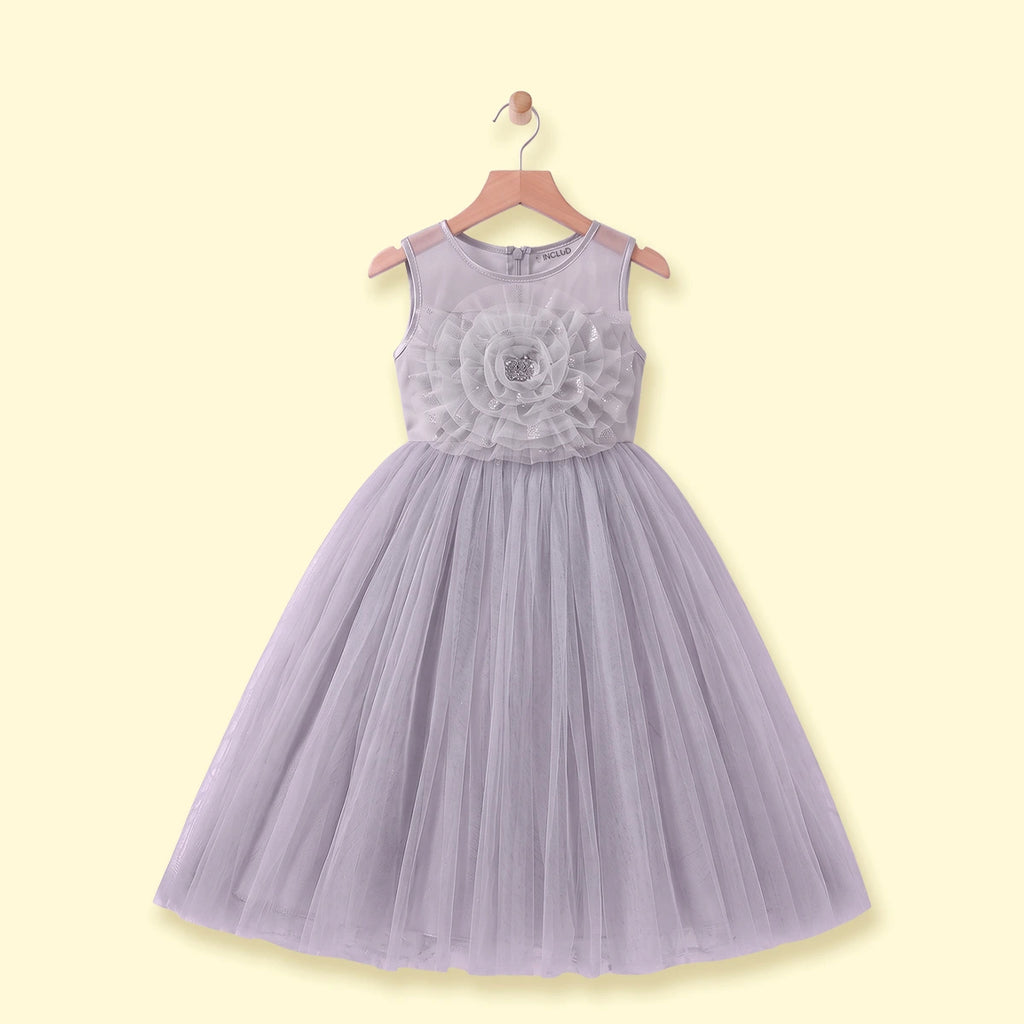 Girls Grey Floral Applique Fit & Flare Party Dress Party Dresses Grey 1-2 Y
