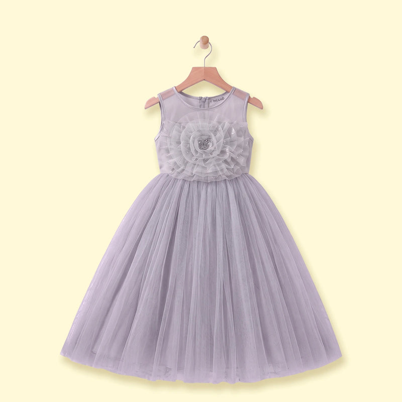 Girls Grey Floral Applique Fit & Flare Party Dress Party Dresses Grey 1-2 Y