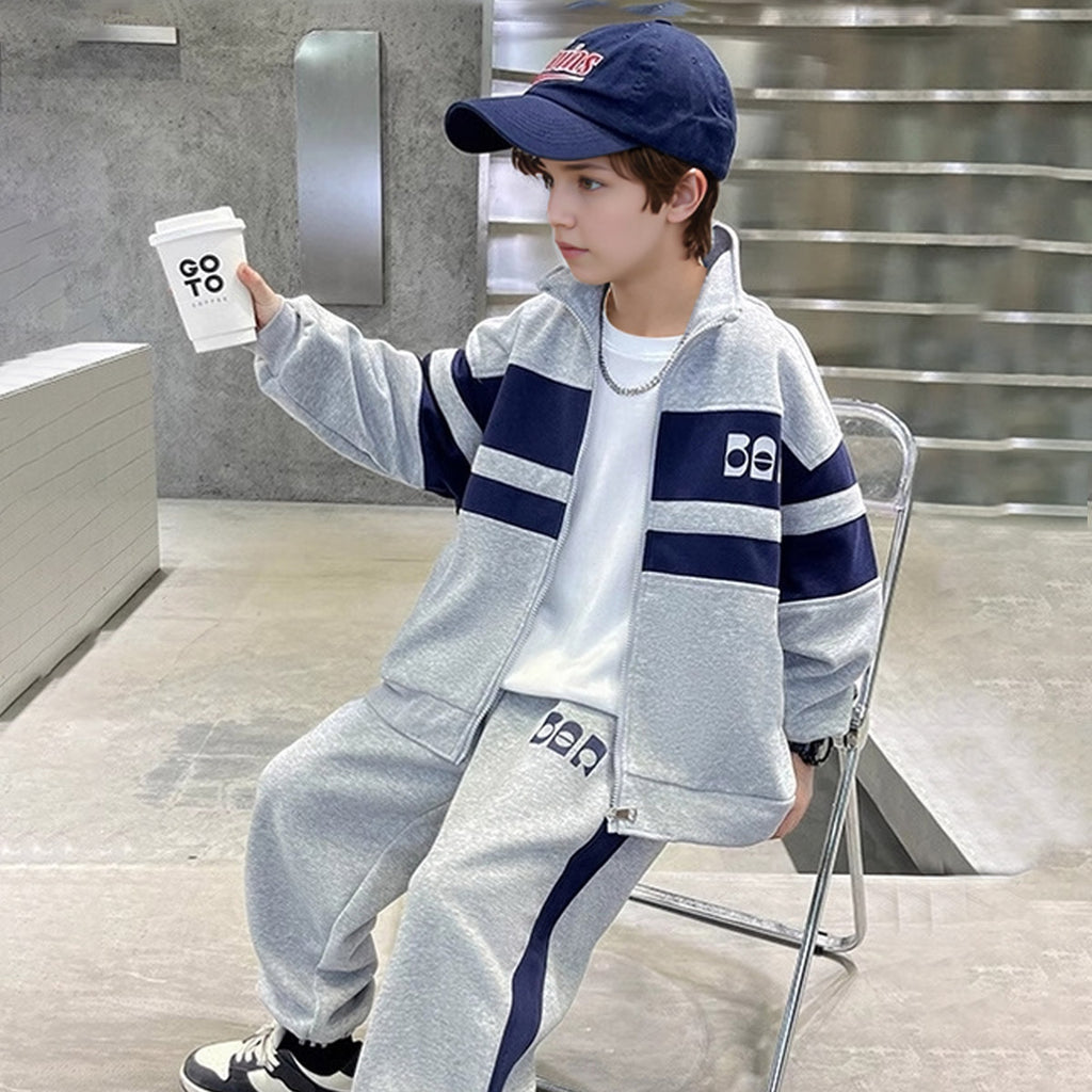 Boys Grey Colorblocked Front Open Sweatshirt With Pants Sets 2 pc. Sets