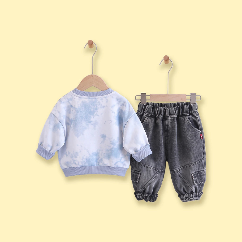Boys Light Blue Tie & Dye Sweatshirt & Denim Cargo Pants Sets Sets