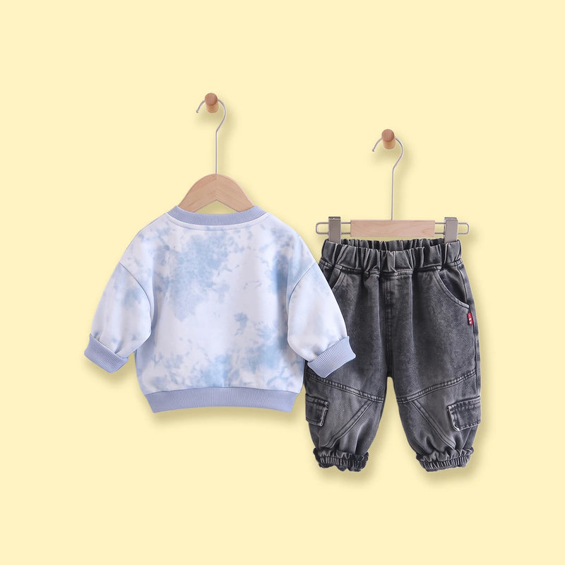 Boys Light Blue Tie & Dye Sweatshirt & Denim Cargo Pants Sets Sets