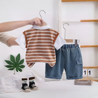 Boys Brown Striped Short Sleeve Polo T-Shirt With Denim Shorts Sets 2 pc. Sets