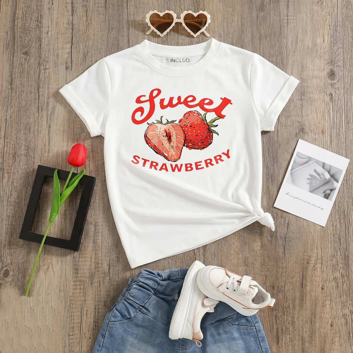 Girls White Strawberry Print Short Sleeve T-Shirt Tshirts White 2-3 Y