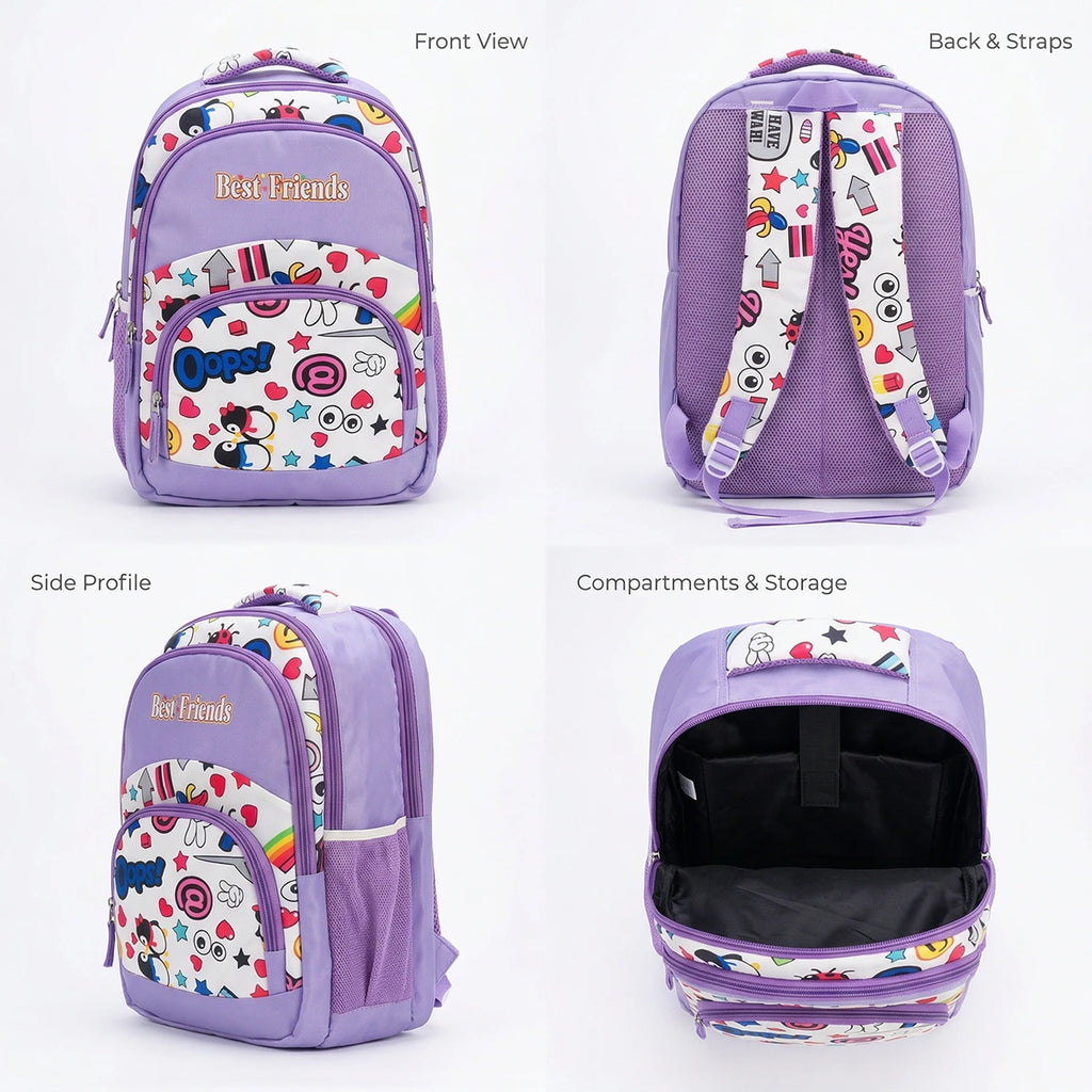 Girls Purple Emoji Print Polyester School Backpack Trending Accessories