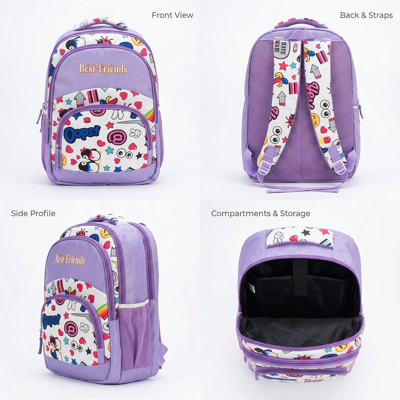 Girls Purple Emoji Print Polyester School Backpack Trending Accessories