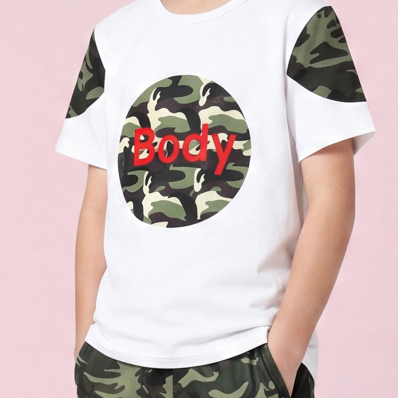 Boys White Camouflage Print Short Sleeve T-Shirt With Pants Sets 2 pc. Sets