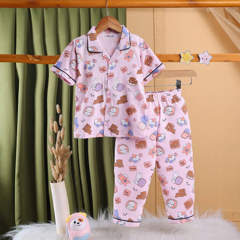 Girls Pink Bear Print Short Sleeve Shirt With Elasticated Pants Sets Sets Pink 2-3 Y