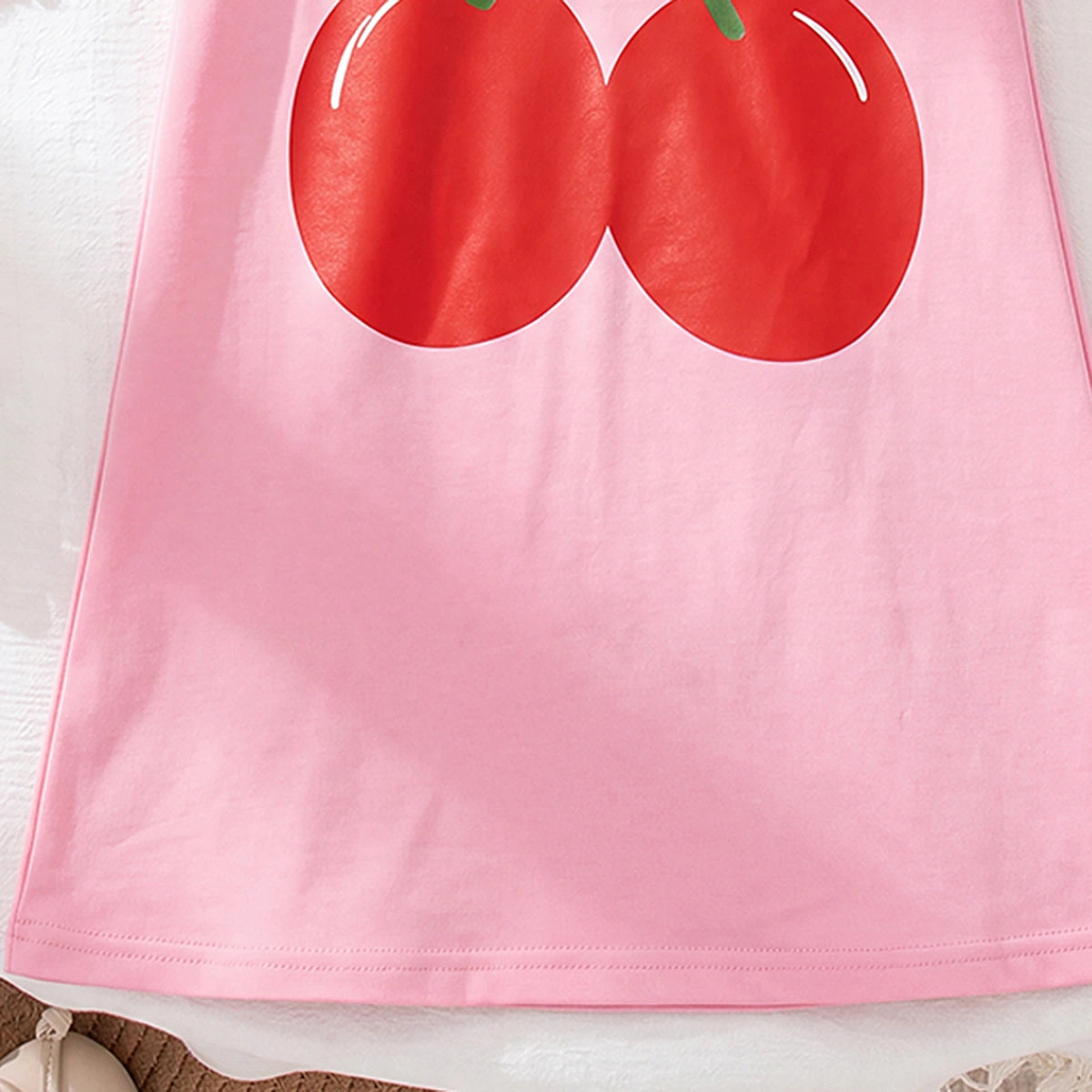 Girls Light Pink Cherry Print Short Sleeve T-Shirt Dress Casual Dresses