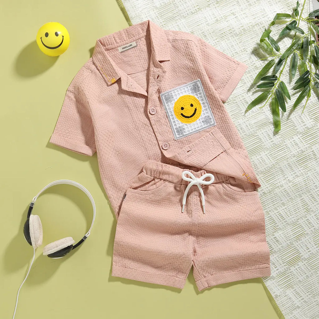 Boys Pink Smiley Applique Short Sleeve Shirt With Shorts Sets 2 pc. Sets Pink 6-12 M