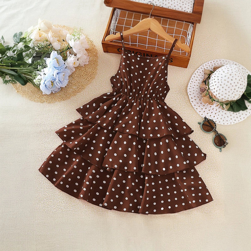 Girls Brown Polka Dot Print Sleeveless Layered Dress Casual Dresses