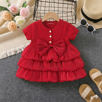 Girls Red Solid Layered Ruffle Dress With Bow Casual Dresses Red 1-2 Y