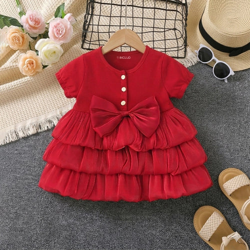 Girls Red Solid Layered Ruffle Dress With Bow Casual Dresses Red 1-2 Y