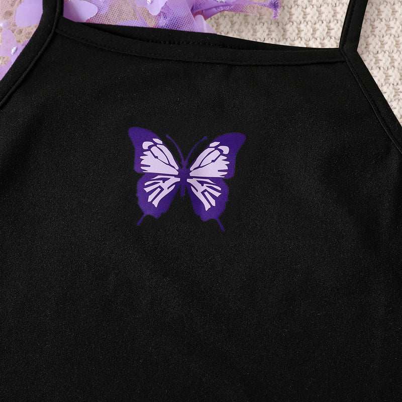Girls Black Butterfly Print Sleeveless Dress With Cami Top Casual Dresses