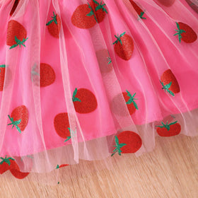 Girls Fuchsia Printed Top with Glitter Strawberry Tulle Skirt Set Sets