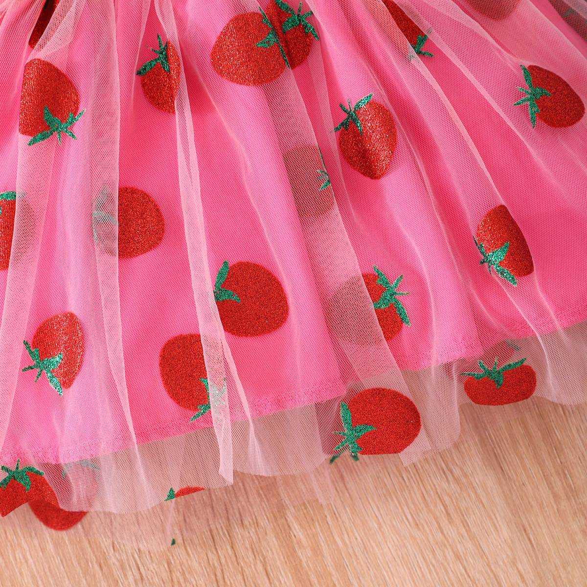 Girls Fuchsia Printed Top with Glitter Strawberry Tulle Skirt Set Sets