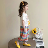 Girls White Graphic T-Shirt With Checked Pants Sets Sets
