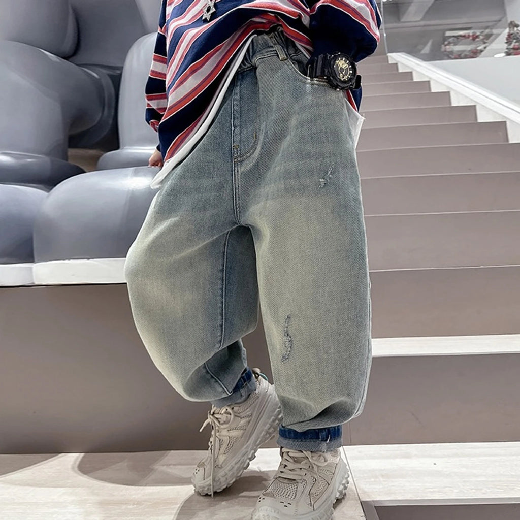 Boys Light Blue Embroidered Loose Fit Denim Jeans Pants