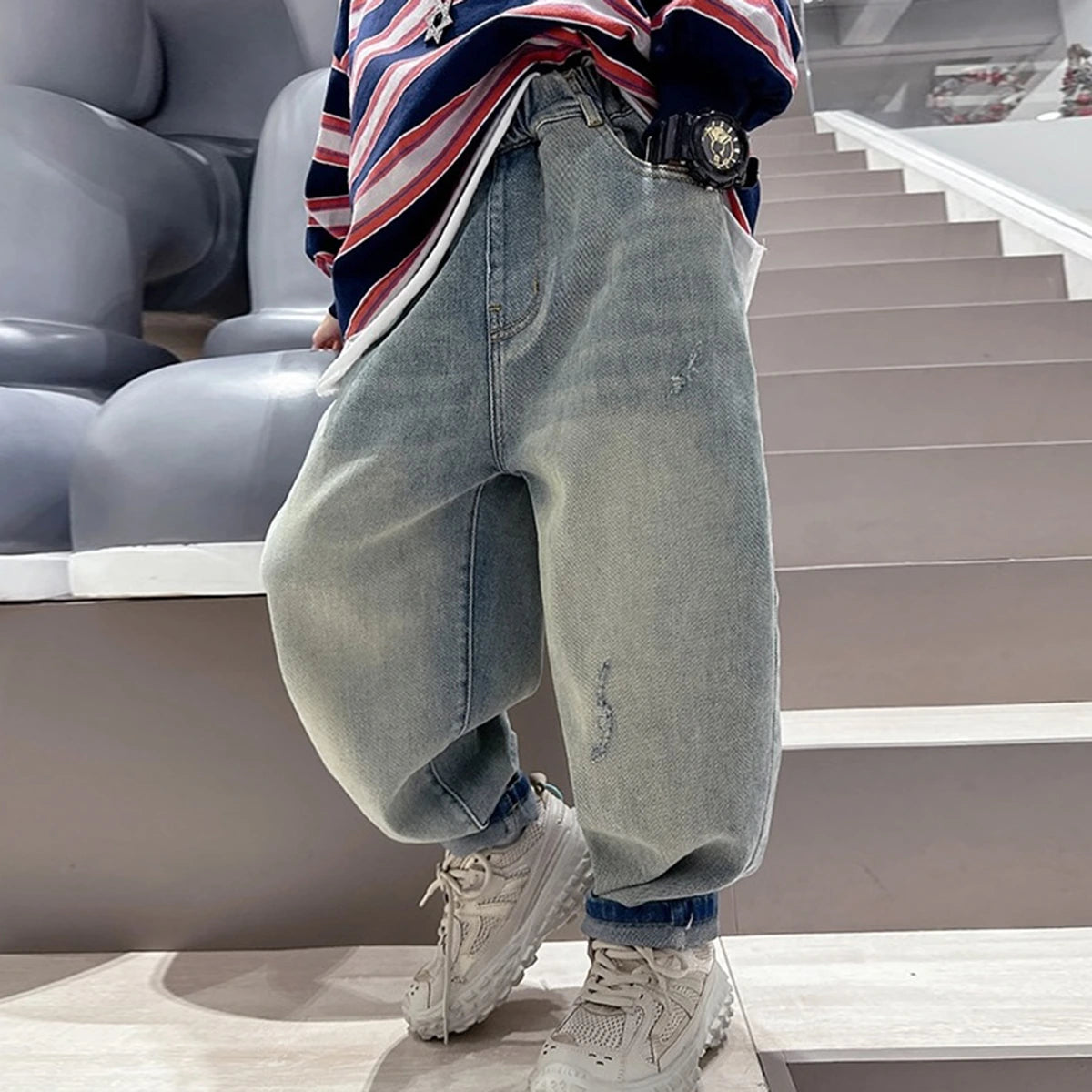 Boys Light Blue Embroidered Loose Fit Denim Jeans Pants