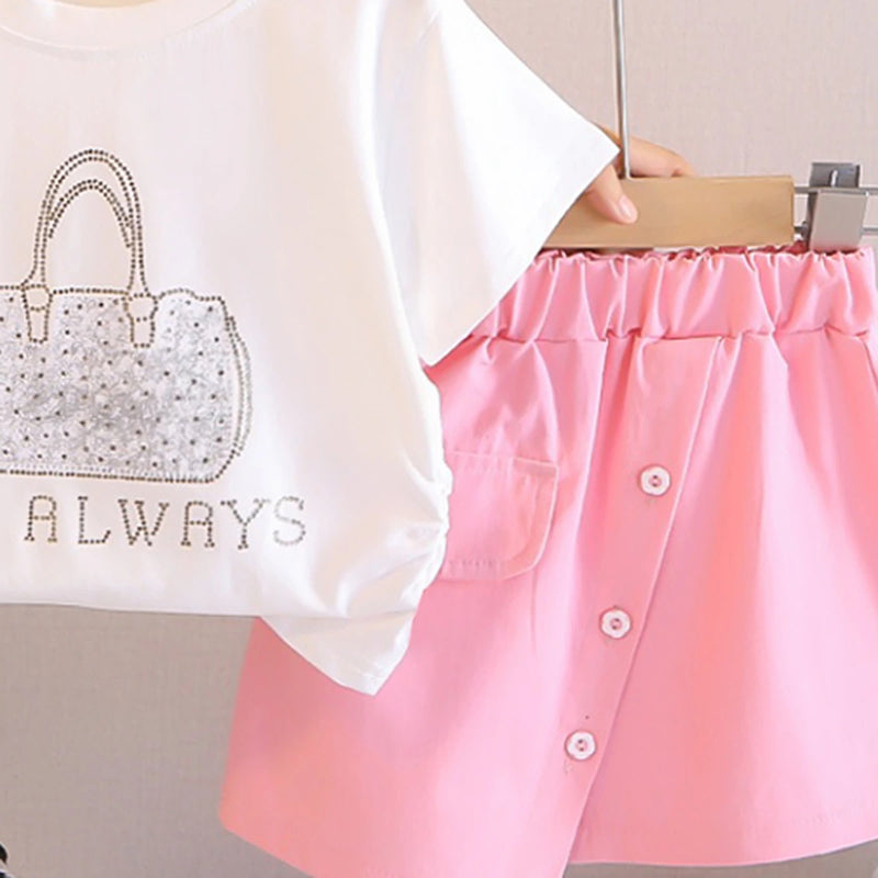 Girls White Handbag Printed Short Sleeve T-Shirt With Asymmetric Shorts Sets 2 pc. Sets