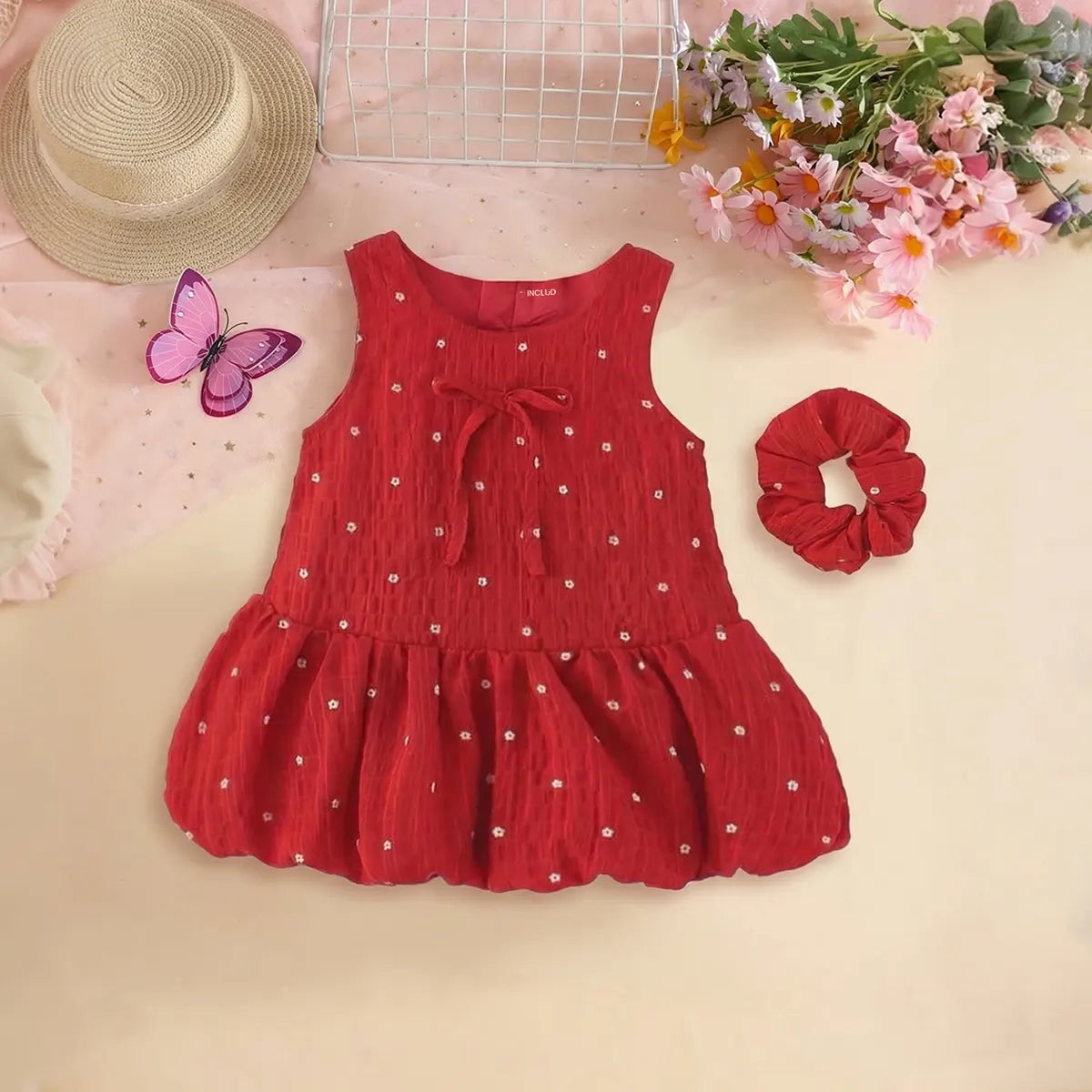 Girls Red Star Print A-line Dress With Matching Hair Tie Casual Dresses Red 1-2 Y