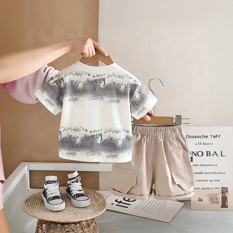 Boys Grey Typographic Print T-Shirt With Shorts Sets Sets