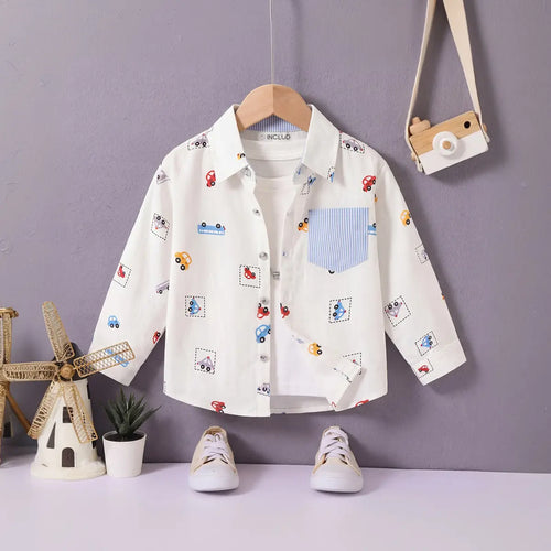 Boys White Car Print Long Sleeve Shirt Shirts White 1-2 Y