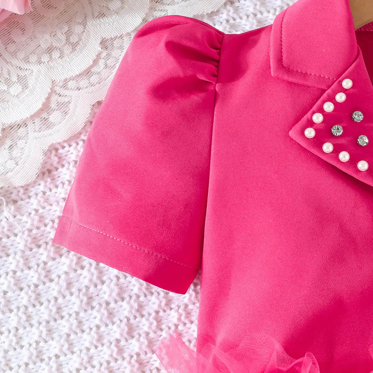 Girls Fuchsia Embellished Lapel Collar Blazer Top With Skirt Co-ord Sets Sets